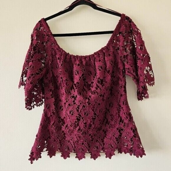 Astars Top Womens XS Burgundy Lace Lined Off Shoulder Floral Stretch Coquette - Picture 10 of 10